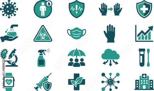 Modern graphic symbols illustrating crucial health, safety, and hygiene protocols for virus prevention and disease control
