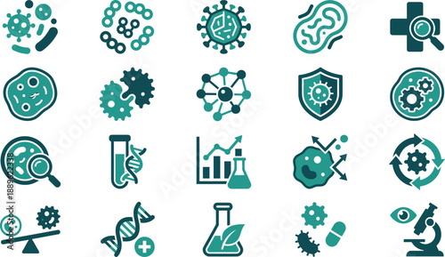 Essential vector icon set for microbiology, biotechnology, and scientific research, depicting health, discovery, and cellular processes