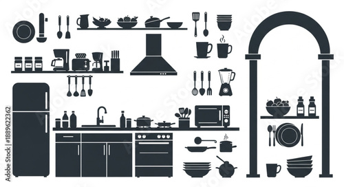 Kitchen appliances and utensils silhouette collection.