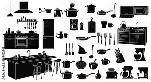 Kitchen appliances and utensils silhouette collection.