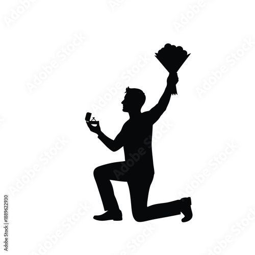 Man kneeling proposing to woman with engagement ring and bouquet icon, silhouette of man with flowers and ring illustration concept for marriage