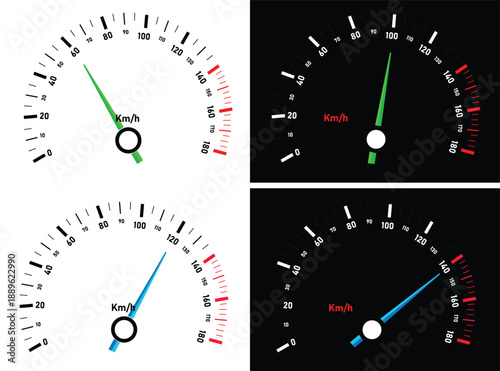 Car Speedometer Dashboard Gauges in Kilometer per Hour with Green and Blue Needles on White and Black Backgrounds