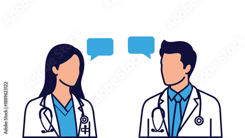 Two doctors in white coats having a conversation with speech bubbles