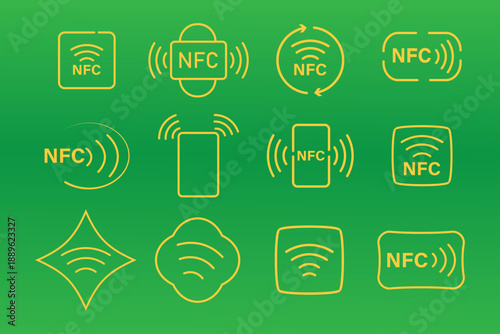 NFC line icon set. Modern near field communication and wireless symbols. Contactless payment and data transfer icons. Vector technology interface elements