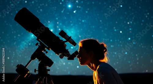 A person looking through a telescope at the night sky with stars and a galaxy