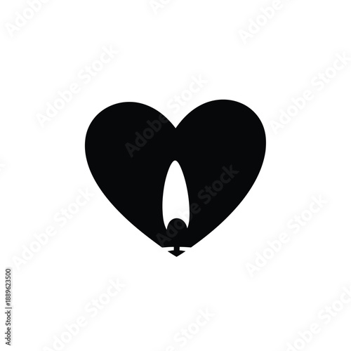 Heart with candle flame icon vector illustration. a black heart shape with a single white flame design at its bottom center, symbolizing love, passion, remembrance, or spiritual devotion