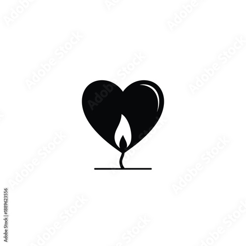 Black heart shape with burning flame inside and wick below symbol of passionate love and deep burning desire for romantic relationship isolated on white background for creative graphic design projects