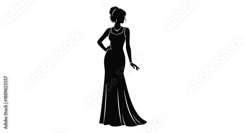 A full body depiction of a woman in an elegant evening gown presented as a striking black silhouette high quality professional detailed