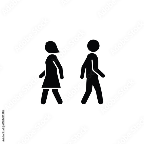 Couple walking away from each other symbol of relationship breakup and divorce or separation between man and woman isolated on white background for social studies and psychology graphic projects