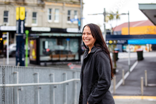Happy Maori woman on an urban street in Auckalnd