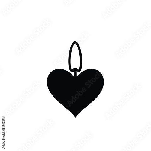 Black heart shape with a flame or wick on top, symbolizing love that burns, passion, eternal flame of love, or sacrifice, isolated on white background.