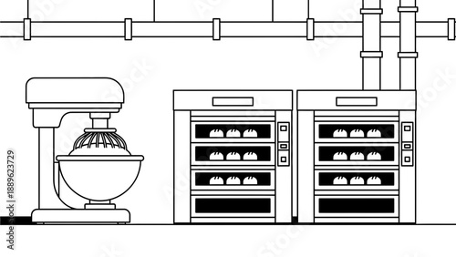 A cartoon illustration of industrial baking equipment in a commercial kitchen setting