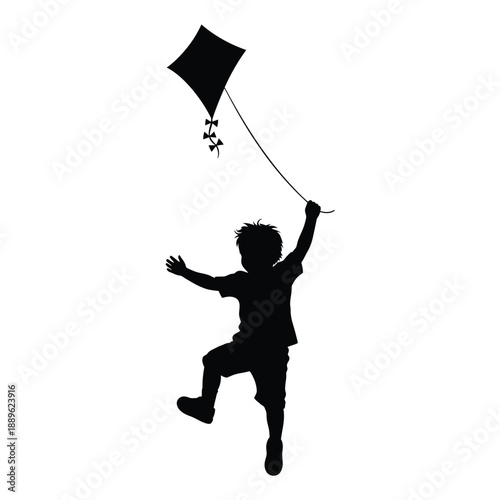 Silhouette of ecstatic child in mid-air, jumping while flying diamond kite, arms spread wide in pure delight, embodying childhood outdoor fun, summer recreation, and unrestrained happiness on white.