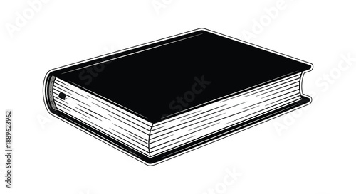A detailed illustration of a closed black book with visible pages presented in a simple sketch like style