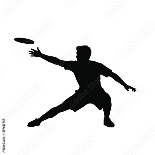 Ultimate frisbee player silhouette vector illustration, athletic man in shorts and t-shirt reaching for disc, dynamic pose in black, white background isolated graphic art