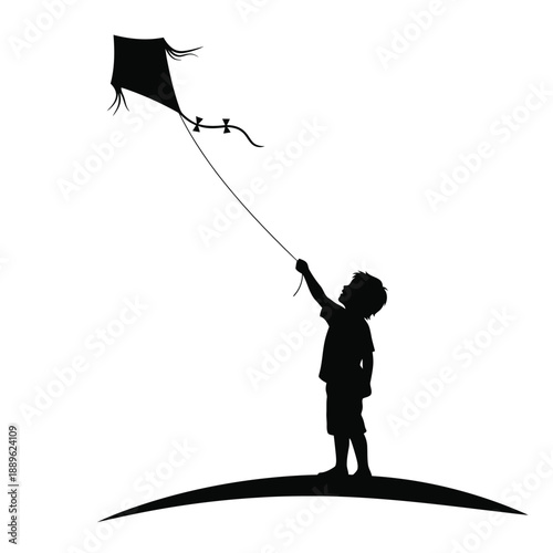 Child flying kite silhouette graphic design illustration vector art on white background simple illustration of boy playing with kite in open air