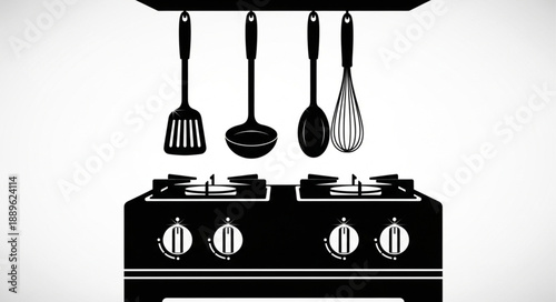 Kitchen Stove With Utensils Hanging Above.