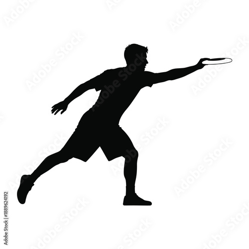 Ultimate frisbee player silhouette throwing flying disc in action pose for sports competition marketing and athletic lifestyle design elements isolated on white background for creative projects use