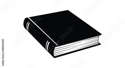 A simple depiction of a closed black book resting on a surface showcasing its rectangular shape and pages