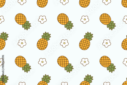 Cute Pineapple and Flower Seamless Pattern in Soft Pastel Style