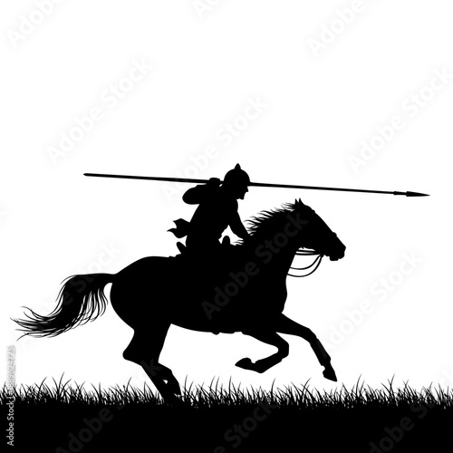 Silhouette of a medieval knight on horseback with a spear.