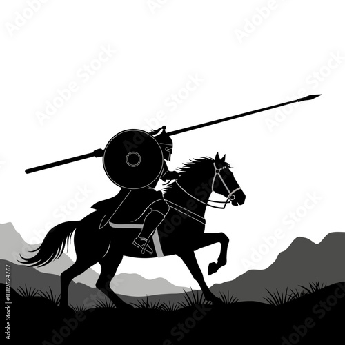 Silhouette of a Warrior on Horseback with Spear and Shield.