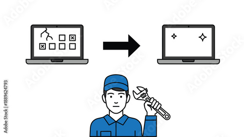 A cartoon technician fixing a laptop with a wrench and transforming it