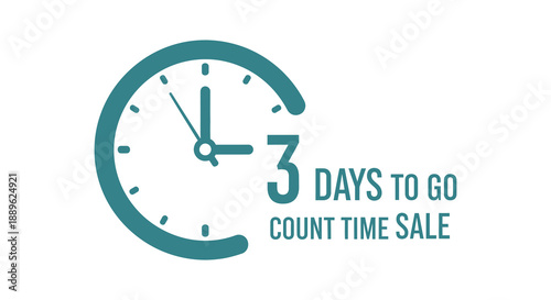 A teal colored circular countdown timer displays three days remaining alongside promotional text for a sale event