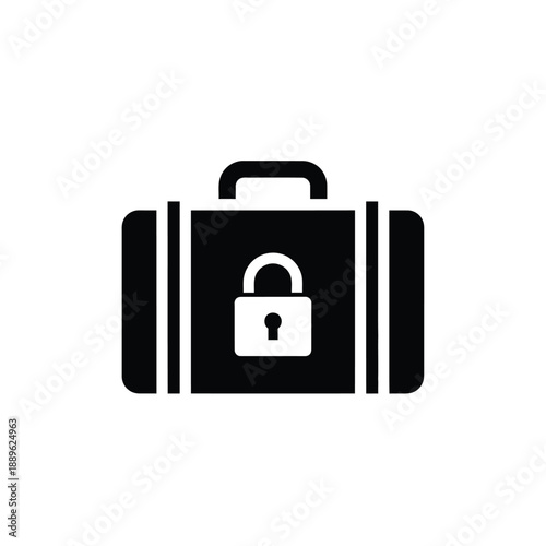 Black icon of a closed suitcase with padlock on white background, symbol for security and travel safety, representation of protection for luggage and belongings