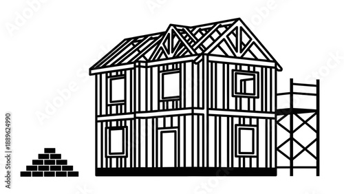 A black and white illustration of a house under construction with scaffolding