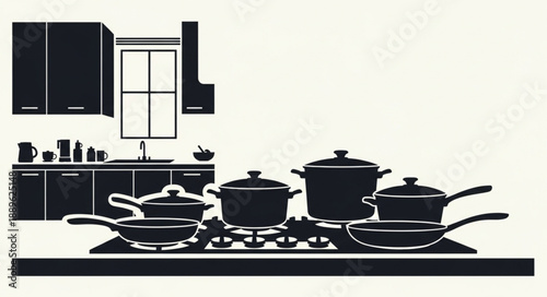 Kitchen scene with cookware and cabinets silhouette.