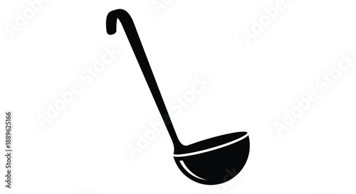 A simple black silhouette of a kitchen ladle against white background