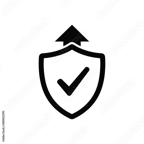 Outline style security shield with checkmark and upward arrow icon vector illustration for protection, validation, successful updates, and system upgrades