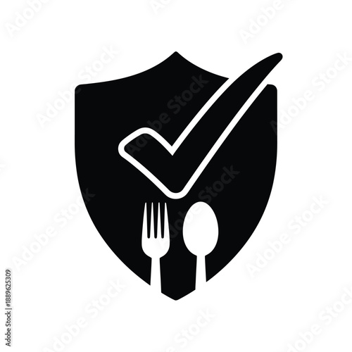 Food safety icon for restaurant vector symbol healthy food check mark shield badge quality control kitchen utensil spoon fork design illustration