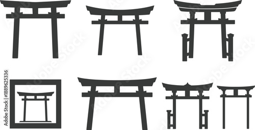 Set of black and white silhouettes featuring traditional Japanese Torii gates, sacred Shinto shrine entrance symbols in various architectural styles and simple designs.