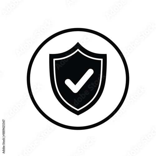 Shield with checkmark inside circular border represents verified security protection safety guard badge icon for cyber defense business privacy assurance trust symbol isolated on white background