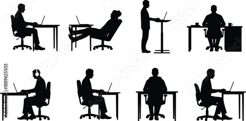 Set of black and white silhouettes featuring men working at office desks with laptops, using standing desk, wearing headphones, and relaxing on chair.
