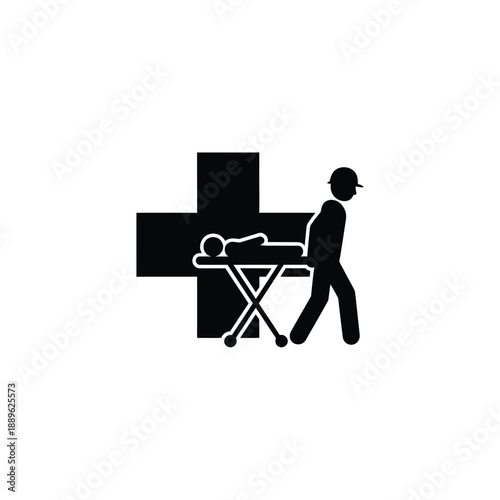 Medical cross with person on stretcher and rescuer, emergency transport symbol, first aid assistance, ambulance rescue, life saving, healthcare service, patient transport icon