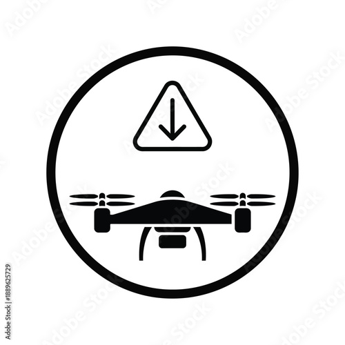 Drone in warning circle with downward arrow icon, indicating drone operation restriction, potential hazard, safety zone, or no fly zone advisory for unmanned aerial vehicles in specific areas
