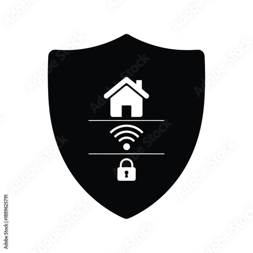 Smart home security shield icon combines house silhouette with wifi signal and padlock symbols represents connected home protection remote monitoring automation and residential safety systems art