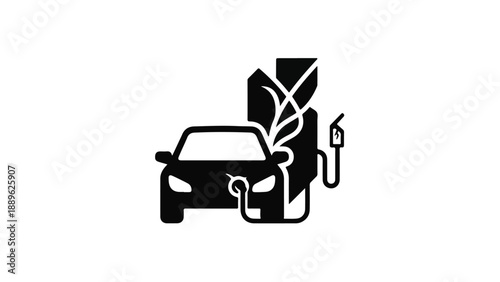 Eco-friendly car charging at a green energy station with leaves motif