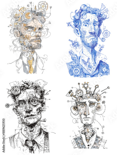 Surreal pencil portrait sketches of imaginative men with abstract symbols and expressive details, blending creativity, intellect, and conceptual illustration style.