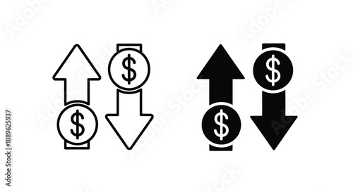 Financial growth and decline represented by arrows and dollar signs silhouette