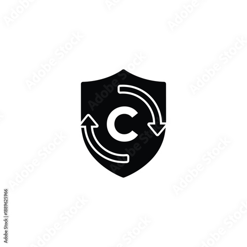 Shield icon with letter C and circular arrows representing copyright protection, intellectual property security, and content reuse rights symbol