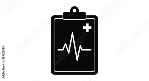 Medical clipboard with heart rate monitor graphic a stark silhouette