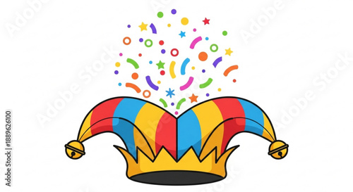 Vibrant jester's hat with colorful confetti exploding from it symbolizing celebration and joy in a festive atmosphere with bright colors