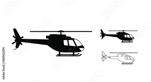 Helicopter technical drawing with multiple views in black silhouette