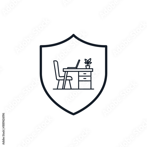 Desktop security and data protection icon showing desk chair laptop and plant inside shield emblem for office safety and privacy concept line art vector illustration