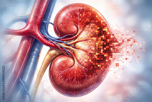 Wallpaper Mural Kidney failure dialysis nephrology medical anatomy kidney disease concept, bright detailed organ illustration with pixelated degeneration effect and vascular system showing chronic damage Torontodigital.ca