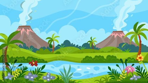 Cartoon illustration of a prehistoric landscape with volcanoes and lush vegetation